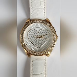 Guess Womens White Rhinestone Heart Face Watch